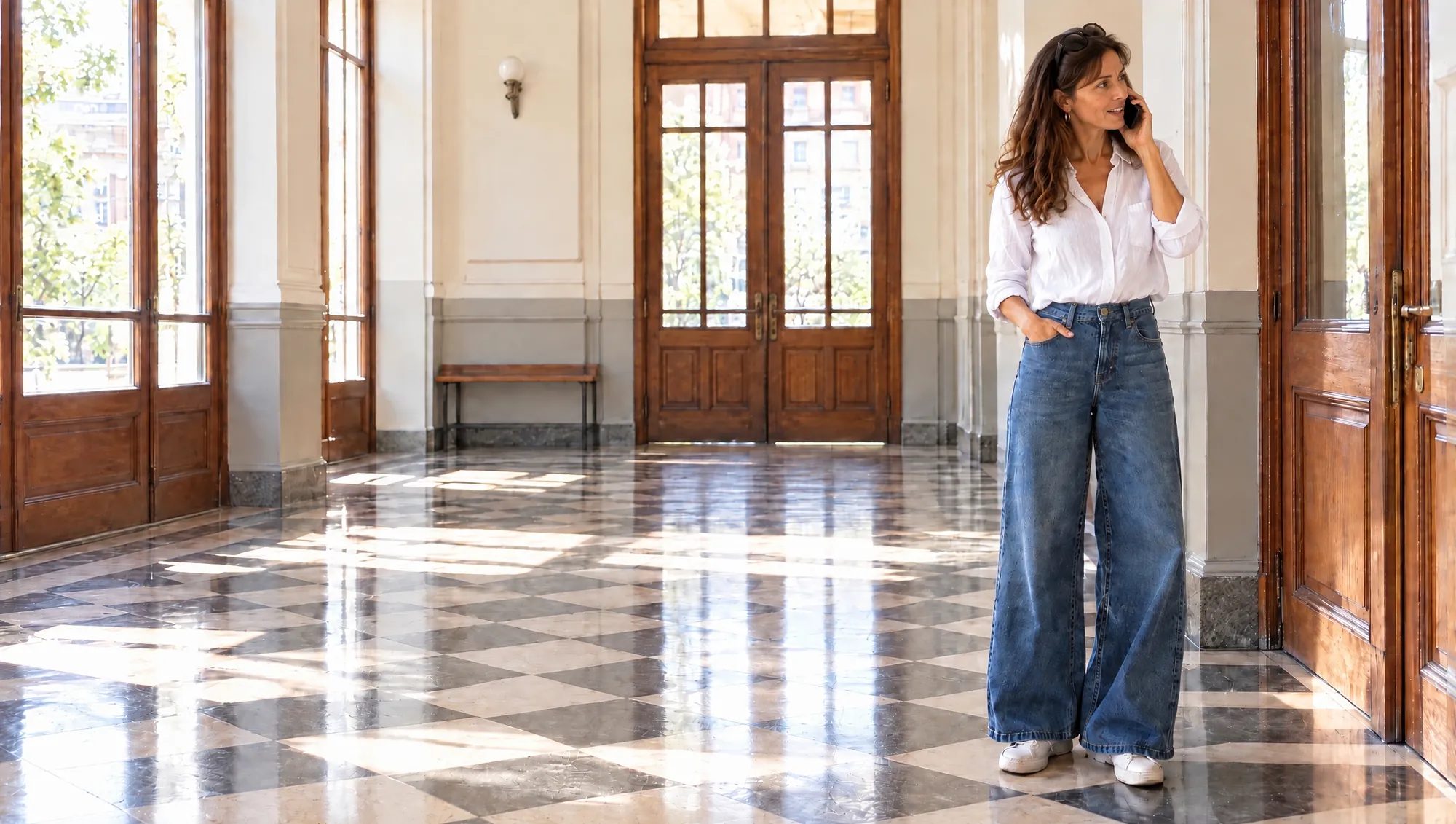 La Arquitecta de Estudio TREO habla por celular en el hall de entrada de una Escuela vacía, con la mano en el bolsillo, mirando hacia la puerta