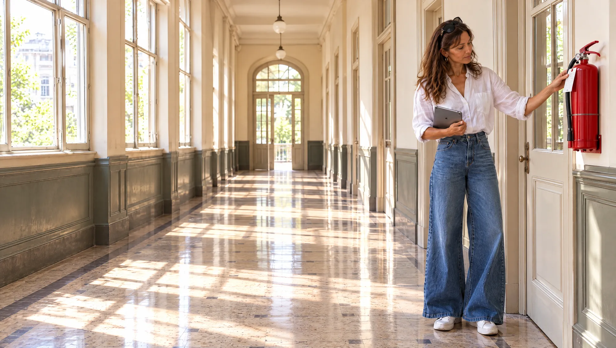La Arquitecta de Estudio TREO revisa la tarjeta de control de un matafuego en el pasillo vacío de una Escuela antigua de Buenos Aires, con la tablet en la mano
