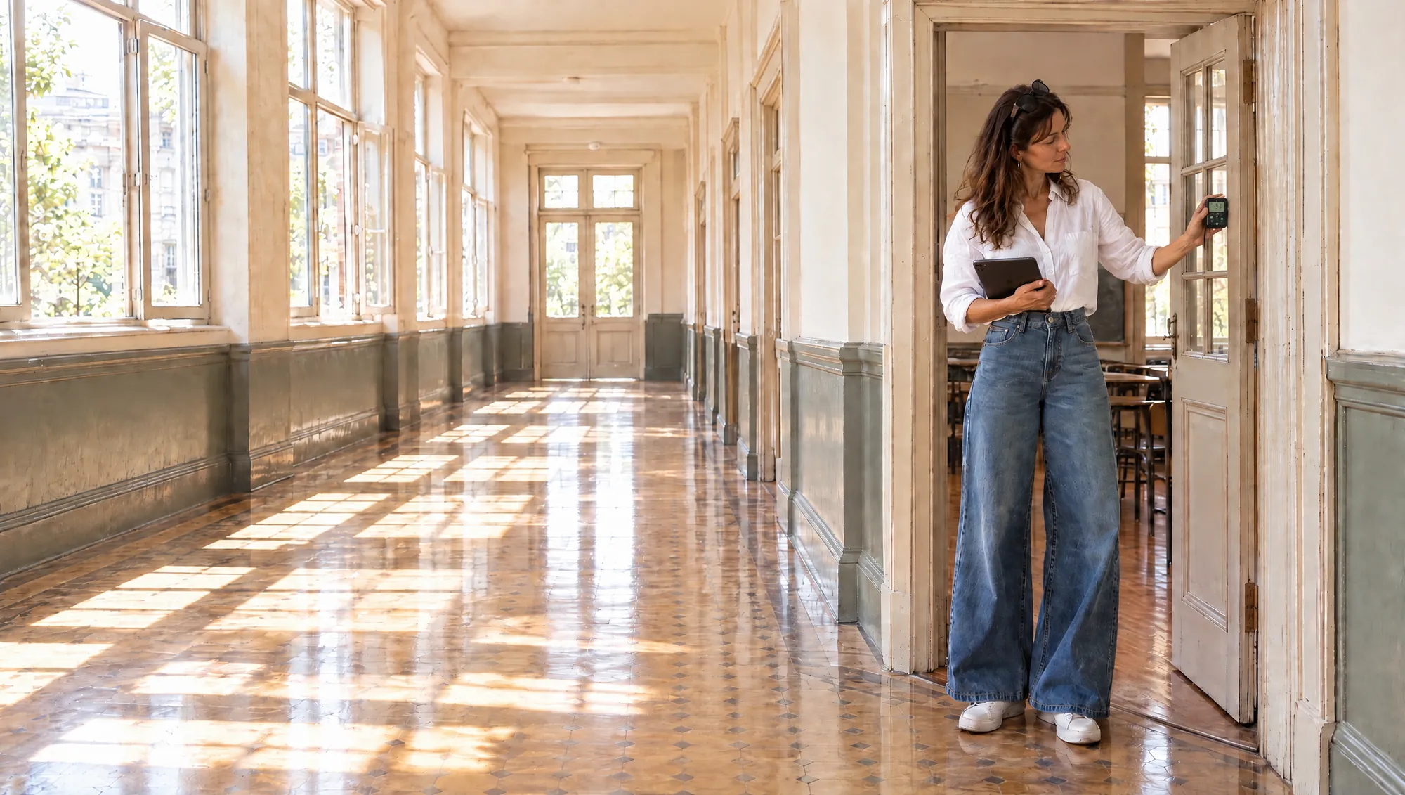 Una Arquitecta de Estudio TREO verifica con un medidor de espesor los vidrios repartidos de la puerta de un aula, con la tablet en la mano, en el pasillo vacío de una Escuela antigua de Buenos Aires durante el receso