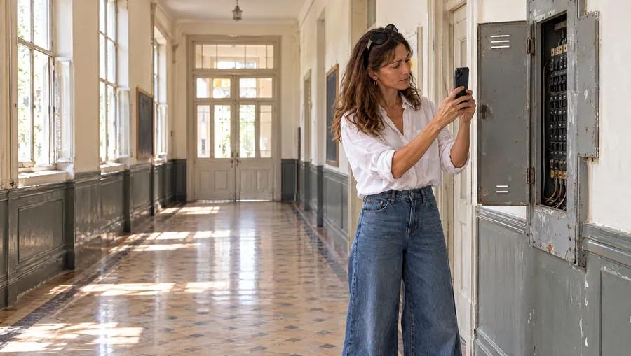La Arquitecta de Estudio TREO fotografía con el celular un tablero eléctrico viejo en el pasillo de una Escuela vacía