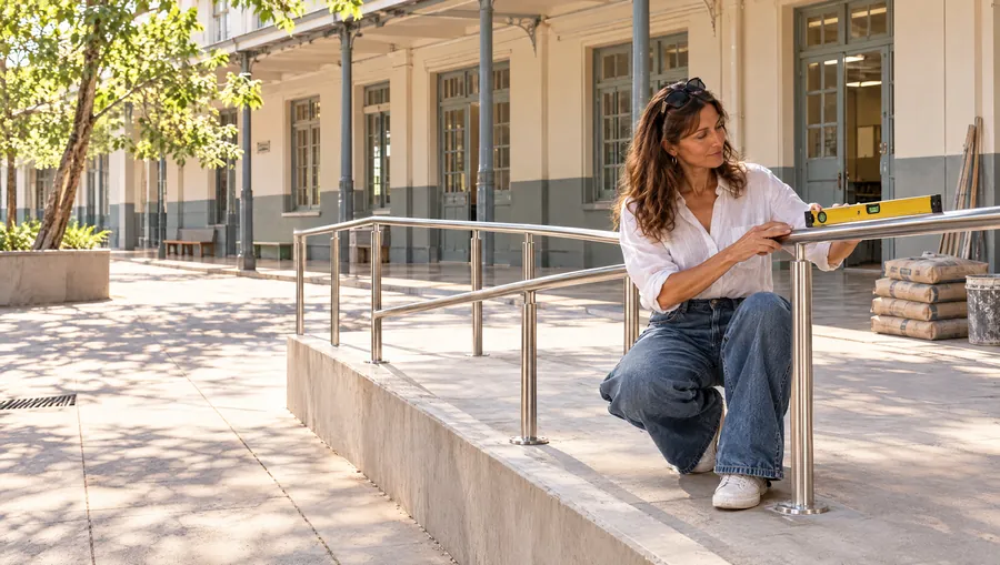 La Arquitecta de Estudio TREO controla con un nivel la baranda de la rampa nueva del patio de una Escuela, durante el receso