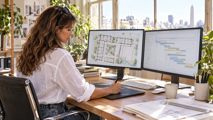 La Arquitecta de Estudio TREO dibuja en la computadora la planta de una Escuela con su patio y una rampa, con el cronograma de obra por etapas en el segundo monitor